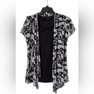 Sara Michelle 2-Piece Layered Top | Black Floral Sheer Cardigan & Tank | Size S